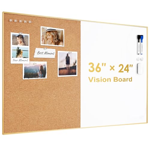 ARCOBIS Cork Board White Board Combo, 36 x 24 Inch Bulletin Board-Gold Frame, Magnetic Dry Erase Board & Corkboard for Wall, Vision Board for Home, Office, School