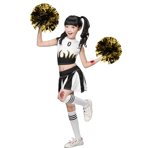 LOLANTA Girls Cheerleader Costume Cheerleading Children Dress Outfit Uniform with PomPoms(Black, 5-6 years, Tag Size 120)
