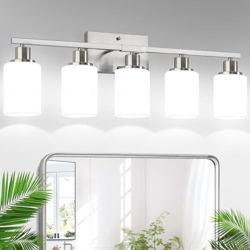 Image of Indoi 5-Light Bathroom Light Fixtures, Brushed Nickel Modern Vanity Lights with Milky White Shades, Bathroom Wall Lamp for Mirror Living Room Cabinet Bedroom Porch
