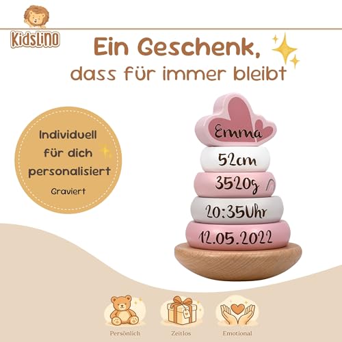 Mainely Personalisierbarer Holz-Stapelturm Rosa – fördert Feinmotorik & Koordination – für Kinder ab 12 Monaten – mit Name & Geburtsdaten - Label Label
