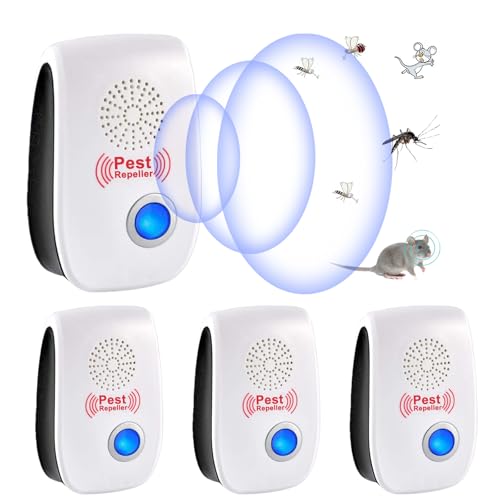 Ultrason Anti Moustique, 4 Pack Ultrason Souris et Rats & Insectes Répulsif Électronique, Répulsif Ultrason pour Anti Souris, Rats Fourmis Araignées...