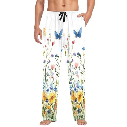 Pantalon de pyjama pour homme à motif fleurs sauvages et papillons S