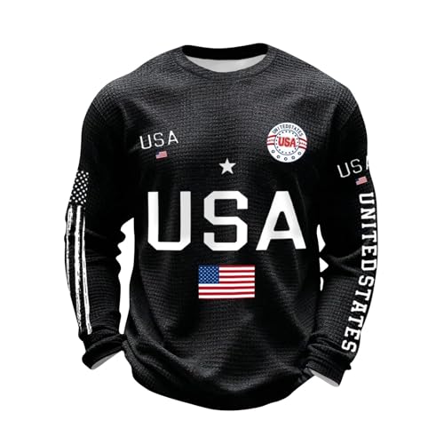 Men's USA Flag Waffle Sweatshirts Long Sleeve Crew Neck Shirts American Flag Print Pullover Tops 250th Anniversary Sweatshirts Fashion Loose Comfy Tops (Black, XXXXXL)