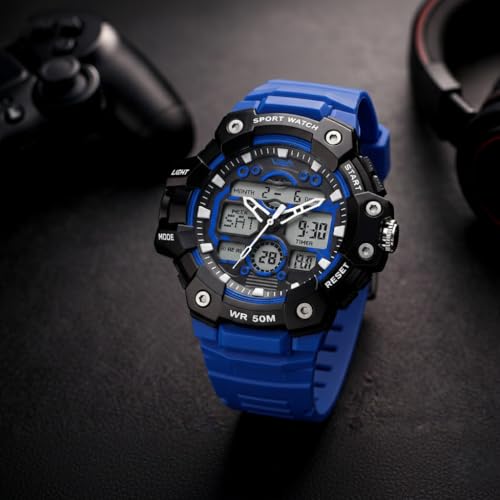 Image of V2A Stryke 53mm Analog Digital Sports Watch for Men | 3 Alarms & Countdown Timer | Layered Multi-Display Dial | Stopwatch, Dual Time, Day-Date | TPU Strap | 50M Water Resistant | Gift for Men