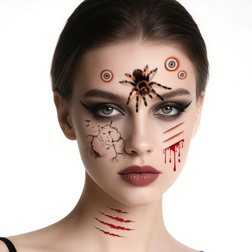 Acevegue Tatuagens Halloween rosto 8 folhas, maquilhagem vampiro zombi Halloween tatuagem tatuagens temporárias adultos senhoras, acessórios disfarces autocolantes rosto calcamónias