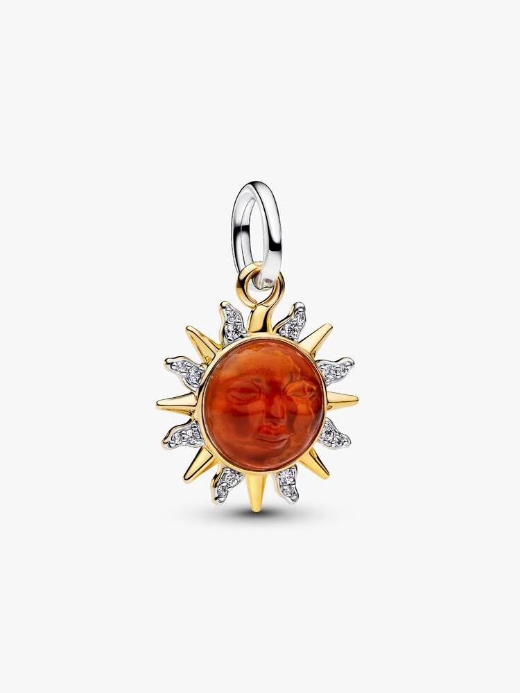 Sun Sterling Silver And 14k Gold Plated Dangle with Clear Cubic Zirconia, White Bioresin Man-Made Mother of Pearl, Murano Glass And Transpar