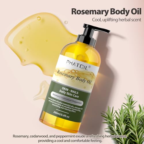 Image of PHATOIL Rosemary Body Oil After Shower with Pump, 260 ml (8.8 fl.oz) Premium Quality Massage Oil Body Oils for Dry Skin, Rosemary Oil for Hair, Blends of Natural Plant Oils and Essential Oils