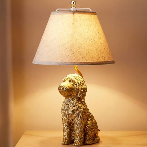 Tuanse 22 Goldendoodle Dog Lamp Gold Dog Lamp Resin Golden Doodle Table Desk Lamps White Polyester Shade Cute Bedside Nightstand Lamps for Bedroom Living Room Aesthetic Unique Home Room Decor Gift