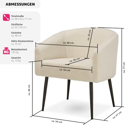 tectake® Lounge Sessel beige mit Polster, Wohnzimmer Möbel, Relaxsessel modern, skandi Loungesessel, Cocktailsessel Bouclé Plüsch Stoff, Armlehnstuhl mit Metallbeinen, Lesesessel Schlafzimmer – Bild 3