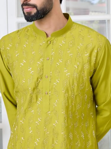 Image of See Designs Men's Full Sleeve Mandarin Collar Ethnic Motifs Embroidered Sequinned Mandarin Collar Straight Long Kurta with Pyjama - Festive Collection