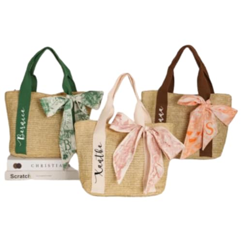 Straw Beach Bags with Silk Scarf,Custom Name Travel Tote Bags for Women-8.66in*7.87in,Bridal Party Gifts