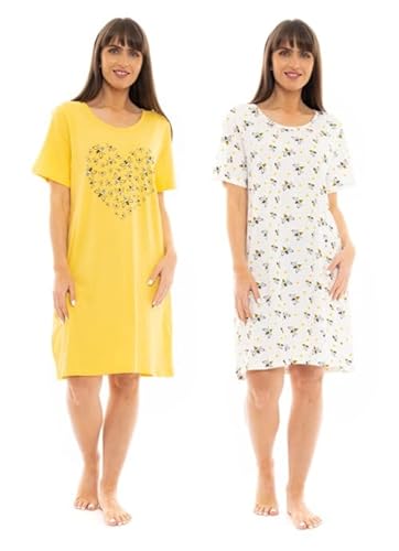 Lot de 2 chemises de nuit à manches courtes 100 % jersey de coton pour femme Motif papillon, cœur, plumes et léopard, abeille, 46-48 Cover