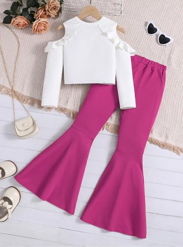Hilinker Girl's Long Sleeve 2 Piece Outfits Ribbed Ruffle Cold Shoulder Top and Flare Pants Set White Hot Pink 11-12 Year — view 2