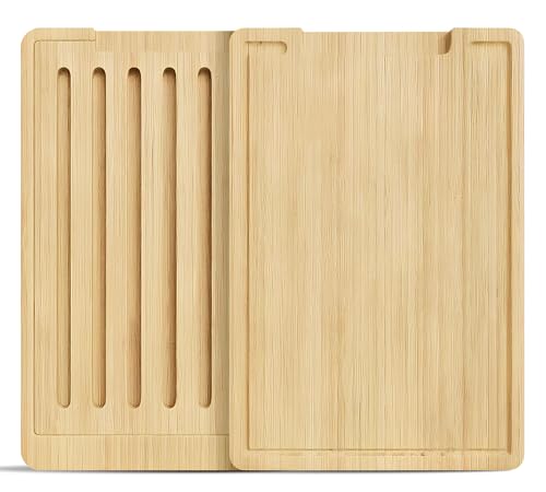 Set de 2 Tablas de Cortar de Bambú Kopcher, 15.6"x10.7"x1", con Ranuras para Jugos y Bandeja Atrapa Migas, Tablas Gruesas para Carne con Mango Antideslizante miniatura 1