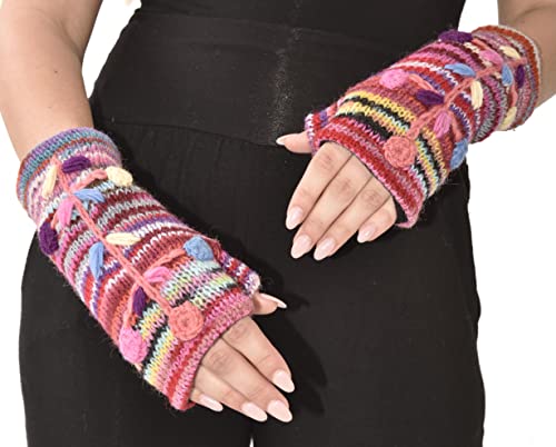 Three Cranes Gallery Hand Knit 100% Merino Wool Embroidered Fingerless Gloves Texting Mittens Convertible Gloves Polar Fleece Lined Finger-Less Women's Winter