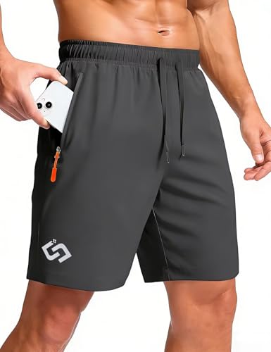 Tmeefee Lightweight Athletic Shorts Men: Running Short Mens with Zipper Pockets Quick Dry Loose Fit Drawstring Male Gym Yoga Basketball Workout Hiking Sports Exercise Outdoor Beach Gray