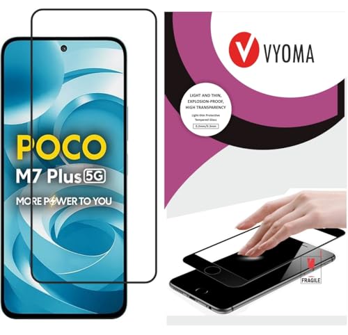 Image of VYOMA Military-Grade Gorilla Tempered Glass for Poco M7 Plus (Black) | Edge to Edge Full Screen Coverage | Scratch Resistant | With Easy Installation Kit | Screen Protector for Smartphone | Bubble-Free | Ultra Clear HD Glass | Oleophobic Coating | High Clarity | 9H Hardness | Scratch Resistant | ShatterProof | ScreenGuard | Pack of 1
