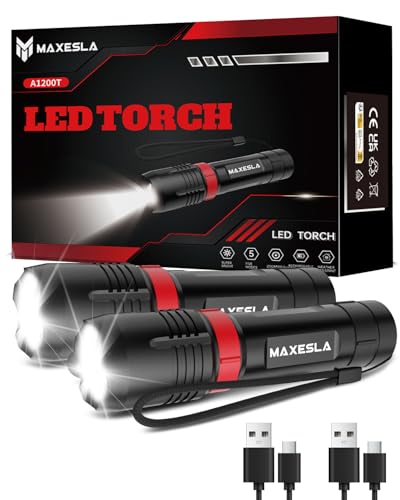 Maxesla LED Torch Rechargeable 2 Packs 2000L Super Bright Adjustable Focus Flashlight IP65 Waterproof, 5 Lighting Modes, Long Battery Life, Torch for Hiking, Camping, Power Cuts, Emergency, Outdoor