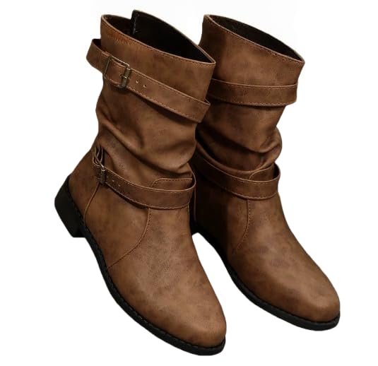 Womens Slouchy Ankle Boots with Buckle Straps Fashion Casual Low Heel Boots for Daily Wear Outdoor Activities
