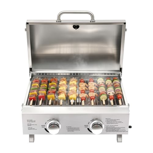 ZHDPYHDD Barbacoa de gas de acero inoxidable con 2 quemadores, barbacoa plegable portátil al aire libre con piedra para pizza, para jardín, camping, pícnic, caravana, ideal para familias y amigos