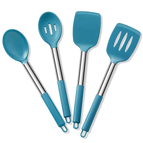 Cooking Utensils Set of 4, E-far Silicone Kitchen Utensils for Non-stick Cookware, Heat Resistant & Non-toxic Slotted Spatula Solid Spoon Turner for Flipping Mixing Serving Basting(Teal Blue)