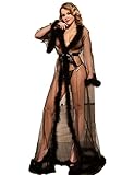 comeondear Women Lace Gown Kimono Robe with Fur Sexy Cover Up Chemise Bride Bathrobe Sleepwear Black