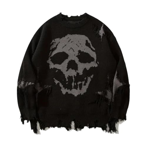 Men's Ripped Drop Shoulder Sweater, Oversized Skull Graphic Gothic Sweater Y2K Knit Crewneck Long Sleeve Pullover