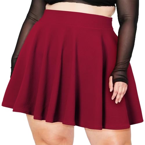 Moon Wood Mini Jupe Courte Femme Grande Taille Sexy Jupe Haute Taille Élastique Jupes Plissée pour Femme Rouge Foncé 4XL