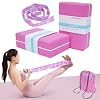 Yoga Blocks 2 Pack with Elastic Stretch Band & Bag – High Density Foam Yoga Blocks for Stability, Deep Stretching & Balance, 12-Loop Resistance Strap for Yoga, Pilates, Dance & Flexibility Training