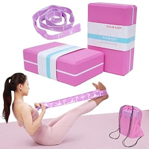 Yoga Blocks 2 Pack with Elastic Stretch Band & Bag – High Density Foam Yoga Blocks for Stability, Deep Stretching & Balance, 12-Loop Resistance Strap for Yoga, Pilates, Dance & Flexibility Training