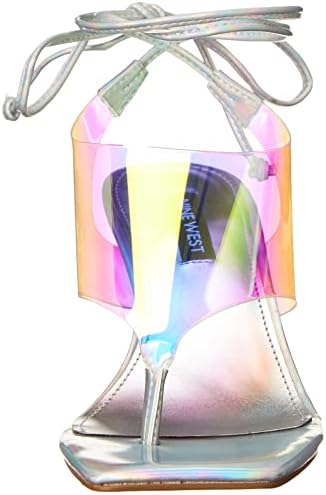 Nine West Women's POPI3 Heeled Sandal, Silver/Blue Multi, 7 | Image 1