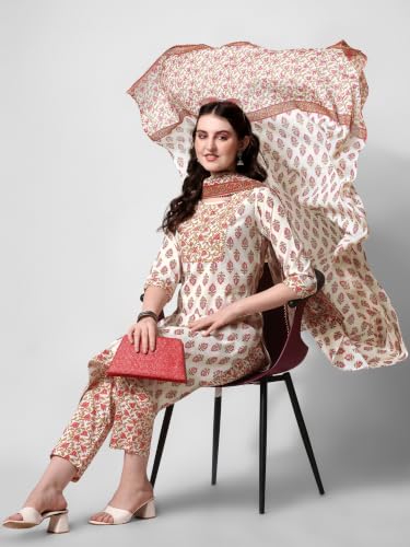 Image of MIRCHI FASHION Pure Cotton Women Straight Embellished Ajrakh Print Kurti Set with Dupatta and Pant