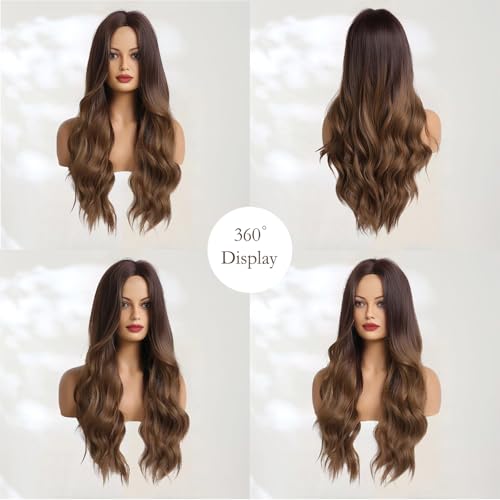 Haoland Peruca Longa Ondulada Marrom Ombre para Mulheres 26 Polegadas Parte Média Encaracolada Peruc