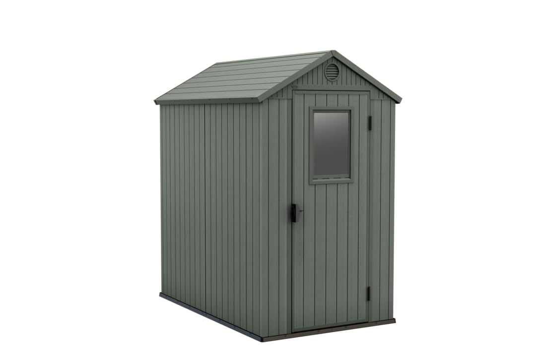 Keter Darwin Caseta de Jardín Exterior, Efecto Madera, Doble Puerta, Ventanas Frontales, Resistente a UV (Verde, 4x6)
