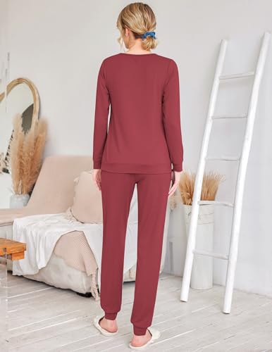 Image of Ekouaer 2 Pack Pajama Sets for Women,Long Sleeve Top With Jogger Pants Lounge Set Sleepwear with Pockets