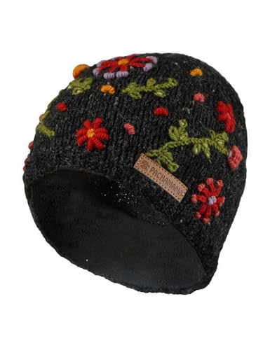 Bonnet en laine extra chaud Pachamama avec broderie de fleurs multicolore