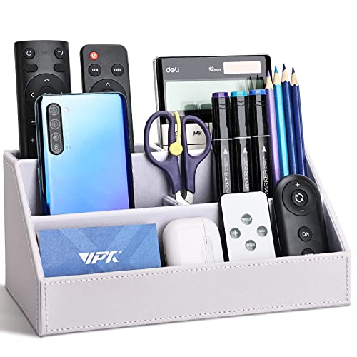 KINGFOM Pu Leather Desk Organizer with 5 Compartments Holder, Multi-Functional Office Supplies Storage Caddy for Pen/Pencil, Phones, Remote Controller and Desktop Accessorie White