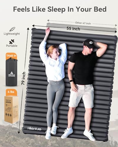 Image of Hikenture Double Sleeping Pad for Camping, Ultralight 4 inch Extra-Thick Camping Mattress 2 Person, Inflatable Backpacking Sleeping Mat, Hiking Air Mattress for Tent (Grey Pumpsack 79x55in)