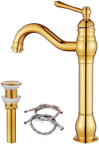 Polish Gold Vessel Sink Faucet Bathroom Single Handle Lavatory Vanity Mixer Bar Tap with Pop Up Drain Tall Spout Single Hole Deck Mount