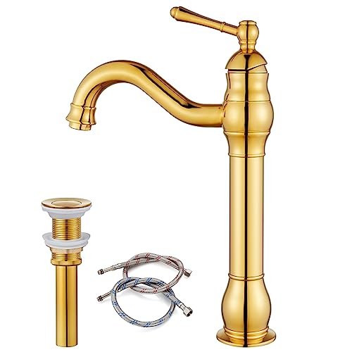 Polish Gold Vessel Sink Faucet Bathroom Single Handle Lavatory Vanity Mixer Bar Tap With Pop Up Drain Tall Spout Single Hole Deck Mount #TOP18