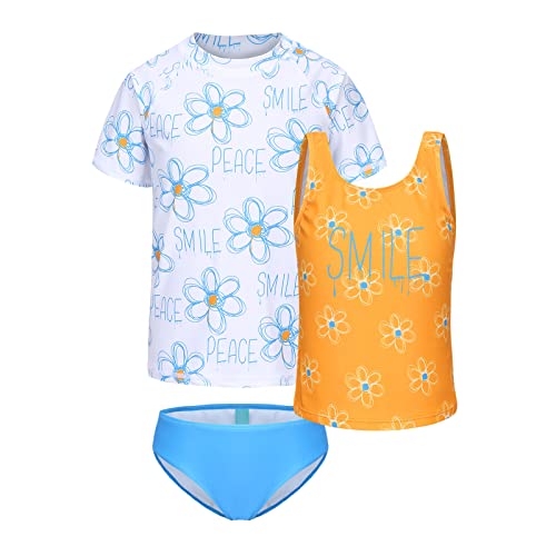 Girls 3 Piece Rash Guard Swimsuits Set for Girls Short Sleeve Bathing Suits Hawaiian Beach Tankini Swim Set