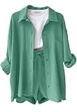 CheChury Conjunto Verano Mujer Conjunto de 2 Piezas Algodón Lino Chándal de 2 Piezas Verano Mujer Casual Camisa Manga Larga y Pantalón Corto con Bolsillo Cómodo Moda Color Sólido para Vacaciones Playa