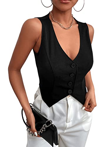 SweatyRocks Women's Asymmetrical Hem Button Front Crop Vest Blazer V Neck Sleeveless Crop Tank Top for Women4