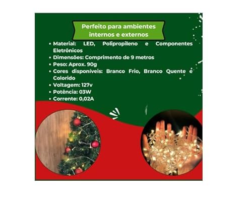 Pisca-Pisca com 8 Funções 9 metros - Luz Branca Quente com Fio Transparente Natal Enfeite Decoração