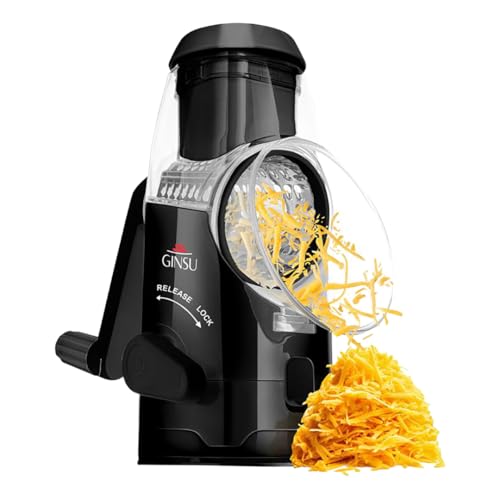 GINSU Plastic Rotary Cheese Grater with Handle – 8x6x10in Manual Cheese,Vegetable Grater with Easy-Turn Crank, Non-Slip Base, Durable Kitchen Tool