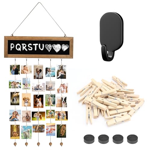 Rierousy Cornice portafoto con 30 mollette in legno, fai da te per foto e foto, collage