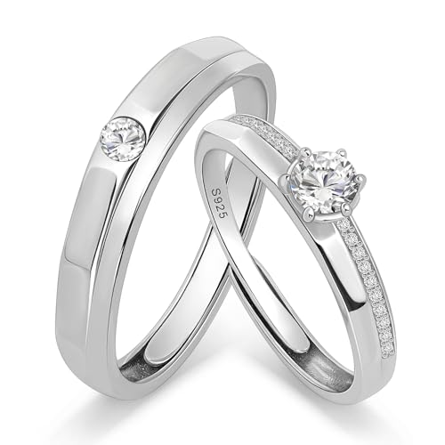 Bague femme solitaire rond pavé et anneau homme large en argent 925