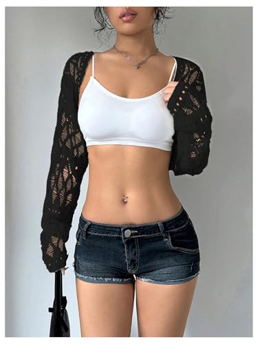 Verdusa Women's Crochet Shrug Y2K Lightweight Summer Cardigan Bolero Shrug Hollow Out Long Sleeve Knit Top3