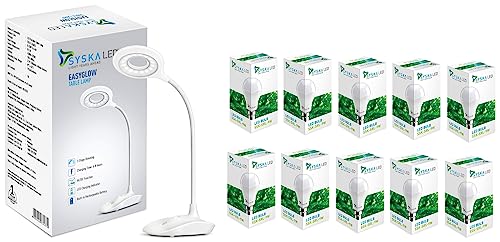 Image of SYSKA Ssk-Srl Base B22D 9-Watt Led Bulb (Pack Of 10, Cool White) SSK-TL-8602L Easyglow 4W Led Table Lamp with 3 Stage Dimming Light(White,Pack of 1, Acrylonitrile Butadiene Styrene)
