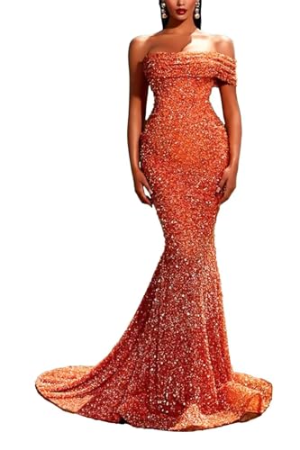 Sequin Mermaid Prom Dresses Sparkly One Shoulder Strapless Tight Long Formal Evening Party Gowns with Train 2023